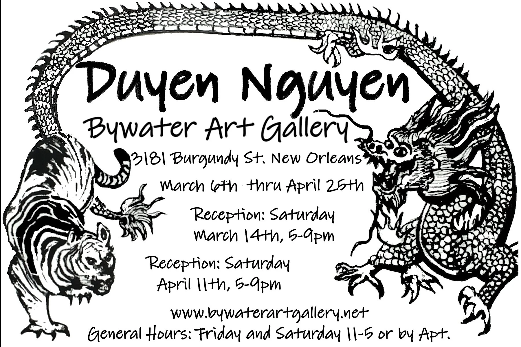 Black and white flyer for Duyen Nguyen represented by Bywater Art Gallery March and April 2026.  The text provides details about the gallery's location at 3181 Burgundy Street. New Orleans. The website www.bwwaterartgallery.net is included.