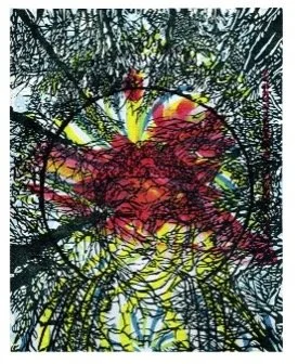 The art of Duyen Nguyen represented by Bywater Art Gallery of New Orleans, Mar-Ap 2026. Abstract image resembling a colorful butterfly or insect among branches and leaves.