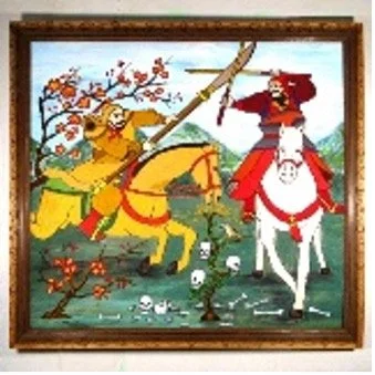 The art of Duyen Nguyen represented by Bywater Art Gallery of New Orleans, Mar-Ap 2026.  A medieval battle scene on a tapestry, featuring a knight on a yellow horse fighting a red-armored knight on a white horse, with a tree in the background.