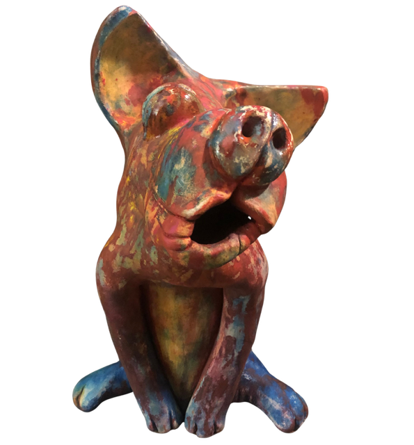 The art of Larone Hudson who is represented by Bywater Art Gallery of New Orleans Jan 2026.  A ceramic sculpture of a sitting pig with an open mouth and one ear raised.