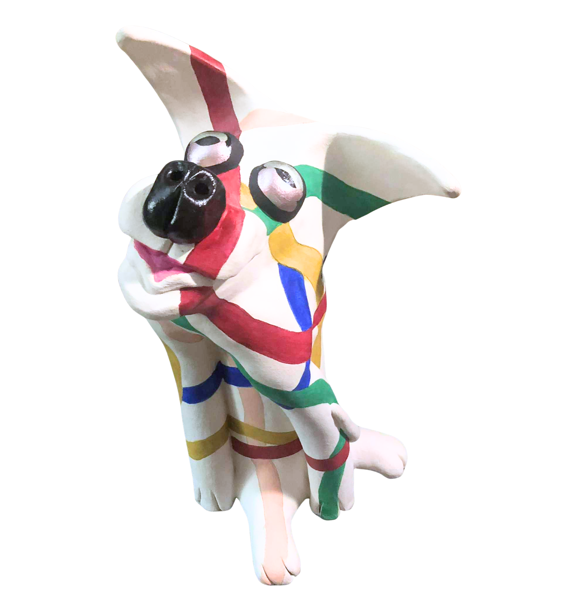 The art of Larone Hudson that is represented by Bywater Art Gallery in New Orleans February 2026.  Colorful, abstract dog sculpture with exaggerated features, painted with vibrant stripes and patterns in red, green, blue, yellow, and black.