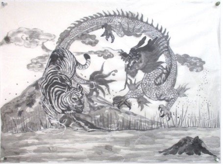 The art of Duyen Nguyen represented by Bywater Art Gallery of New Orleans, Mar-Ap 2026. A tiger and a dragon are engaged in a confrontation in a traditional Asian style ink drawing, with mountains and clouds in the background.