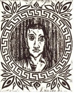 The art of Duyen Nguyen represented by Bywater Art Gallery of New Orleans, Mar-Ap 2026. Black and white print of a woman with short hair, framed by a decorative circular border with floral motifs.