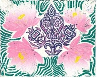 The art of Duyen Nguyen represented by Bywater Art Gallery of New Orleans, Mar-Ap 2026. A symmetrical floral pattern with pink flowers, purple geometric shapes, and green leaves.
