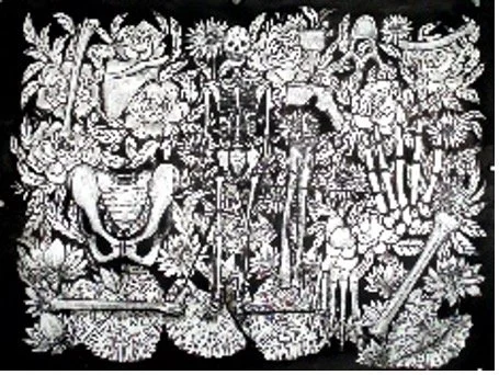 The art of Duyen Nguyen represented by Bywater Art Gallery of New Orleans, Mar-Ap 2026. A detailed black and white illustration featuring various animals, plants, and natural elements with a central balance scale.