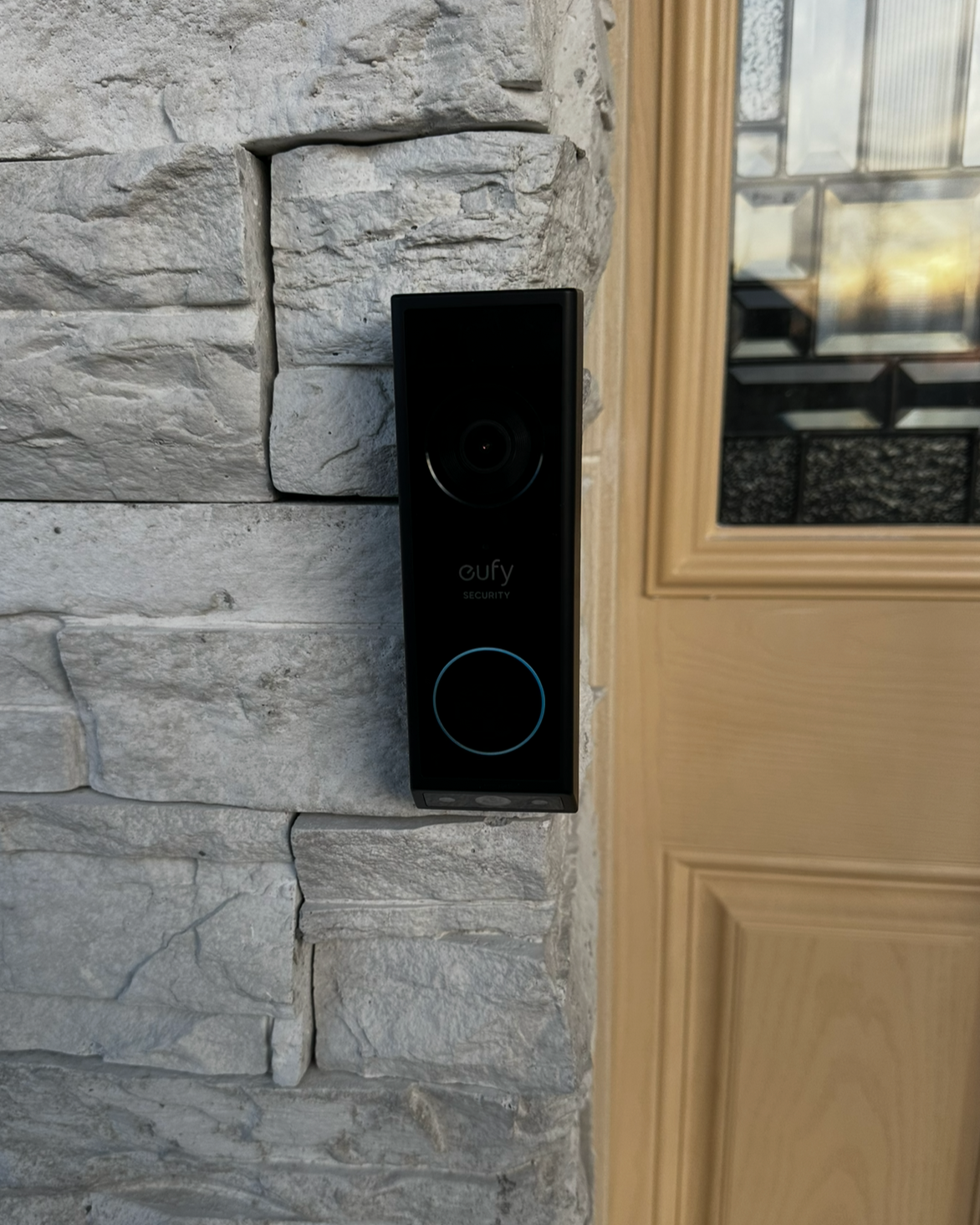 Wired Eufy Camera on stone