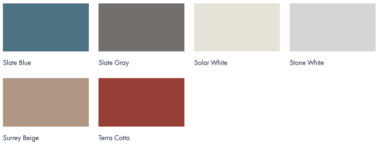 Color palette showing six shades: slate blue, slate gray, solar white, stone white, Surrey beige, and terra cotta.
