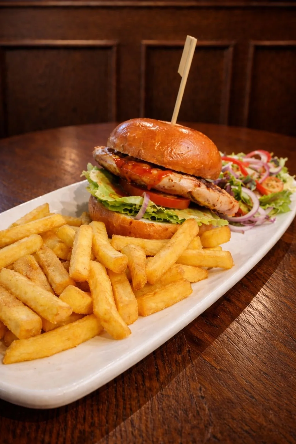 Burger with grilled chicken, lettuce, tomato, onions, and sauce on a bun with French fries and a side salad on a white platter.