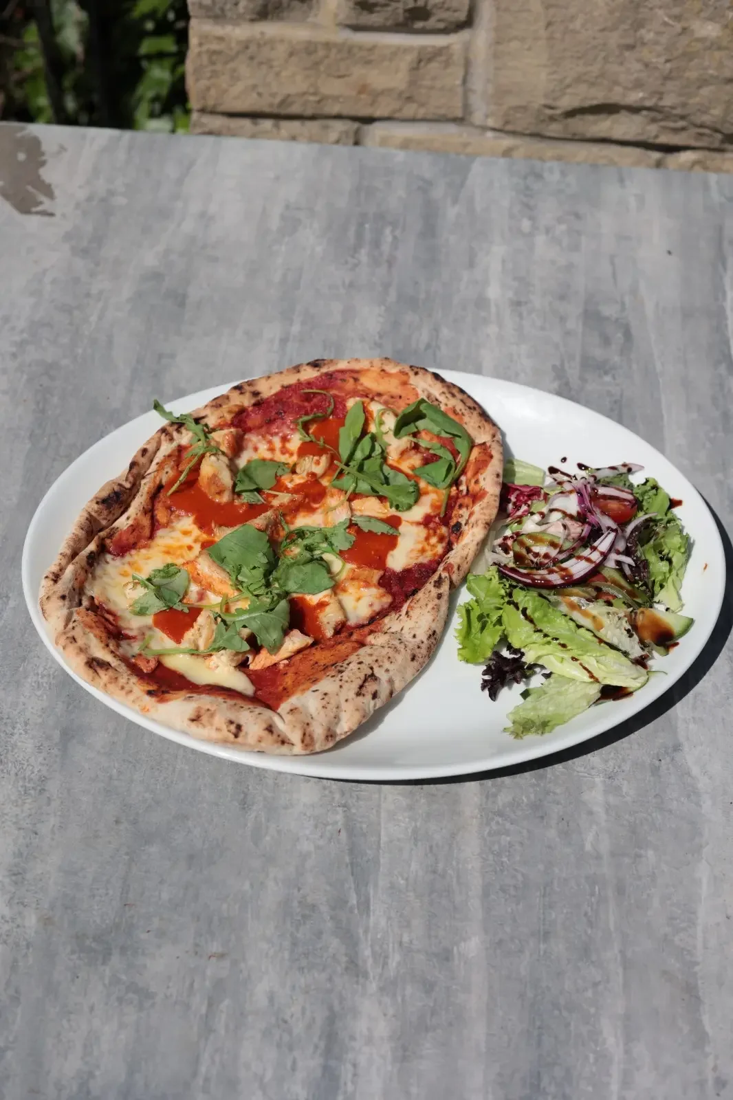 Personal pizza topped with cheese, tomatoes, and fresh basil, served with a side salad of mixed greens, red onions, and balsamic dressing.