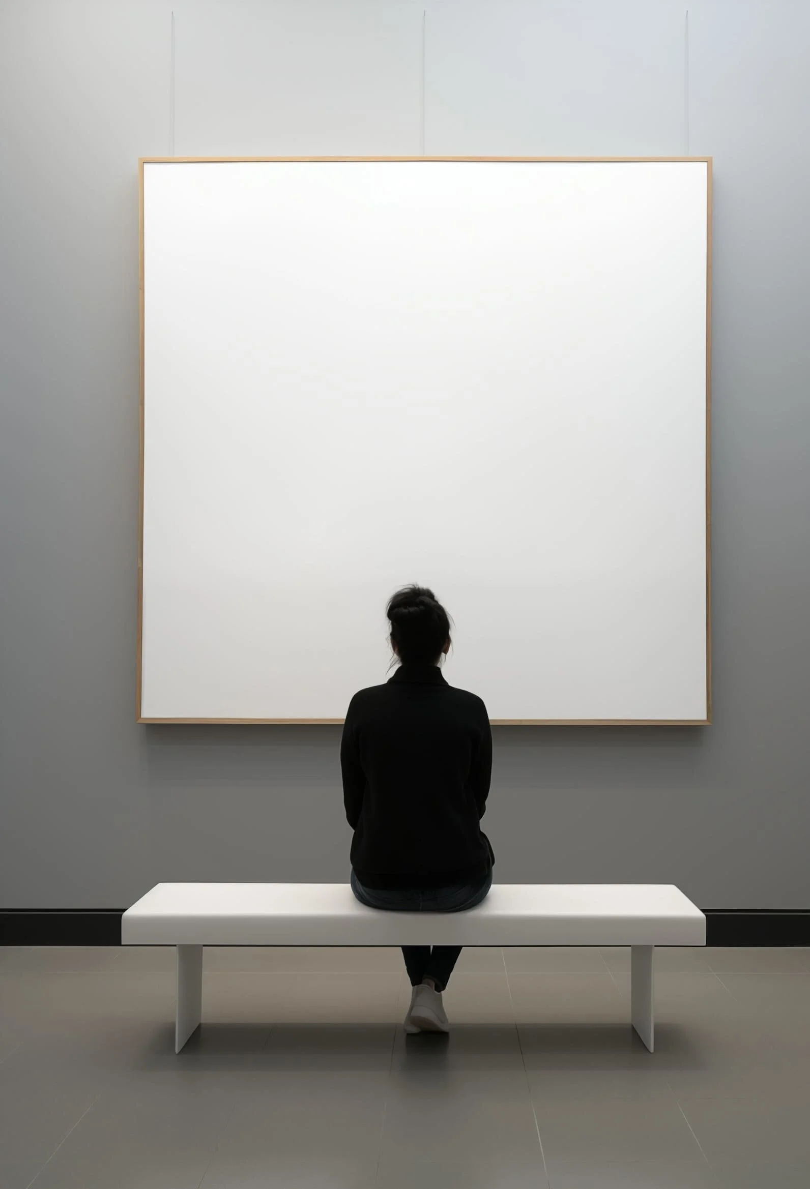 A seated woman facing a large blank slate on the wall.