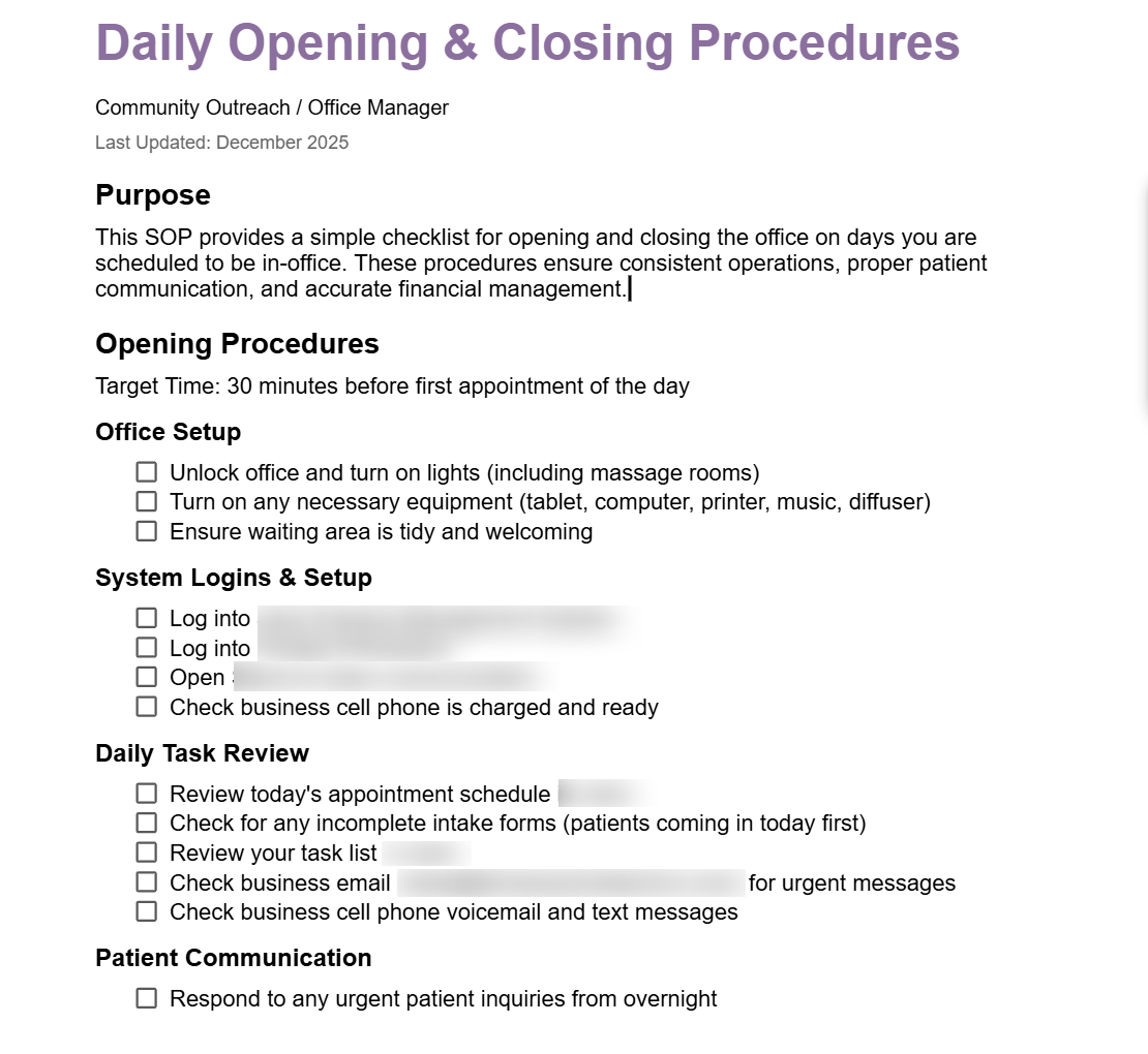 Example SOP: Daily Opening and Closing Procedures Checklists for Office Manager for Health & Wellness Practice