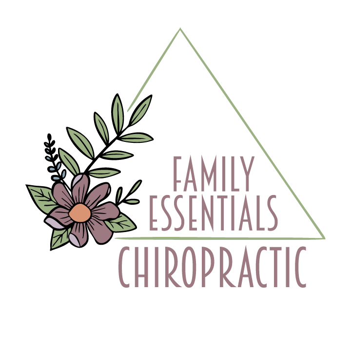 Logo for Family Essentials Chiropractic featuring a purple flower with green leaves and a triangle outline.