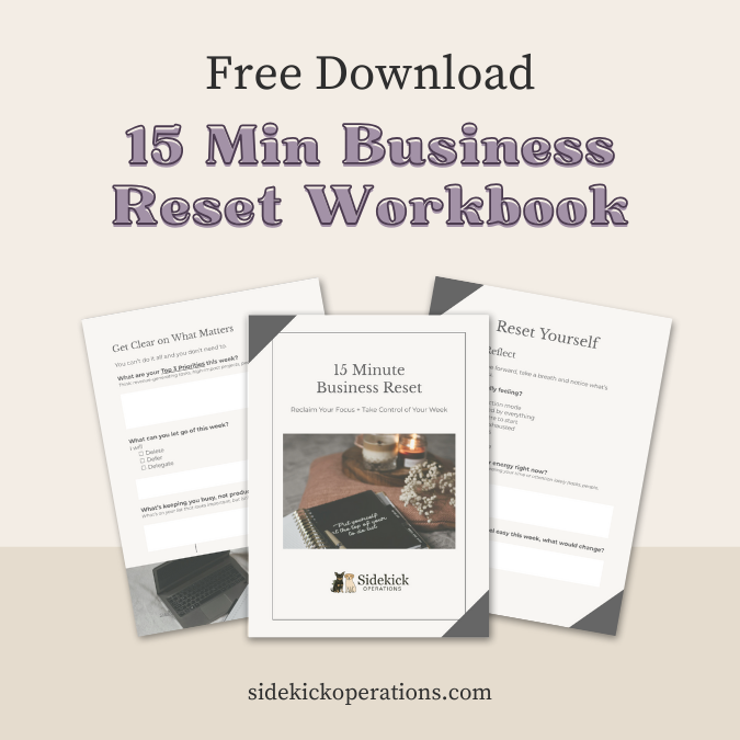 Downloadable free 15-minute business reset workbook displayed with three sample pages, including a cover page titled '15 Minute Business Reset' and pages with checkboxes and prompts, promoting gaining clarity and control in your business.