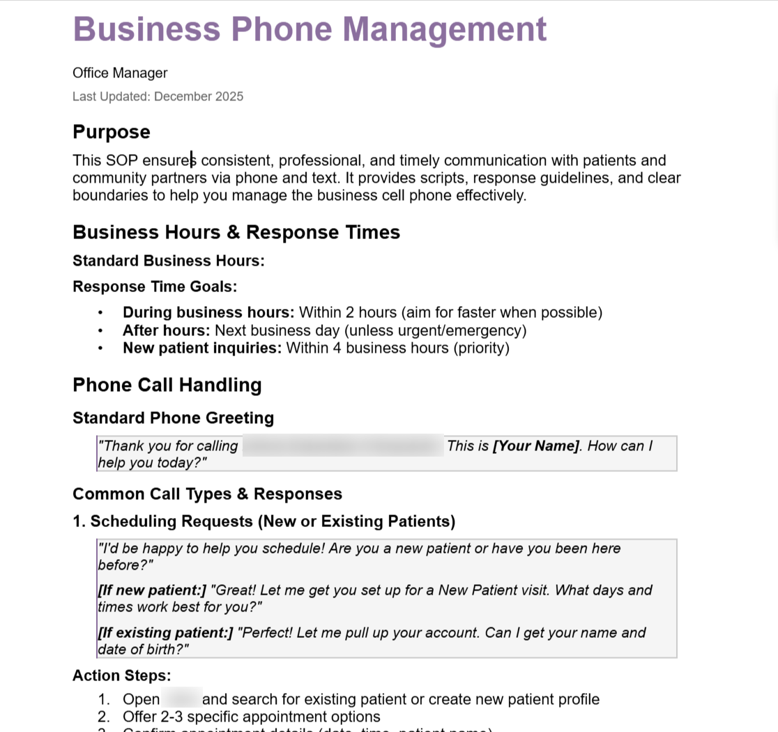 SOP of business phone management procedures for an office manager at a chiropractic health and wellness office.