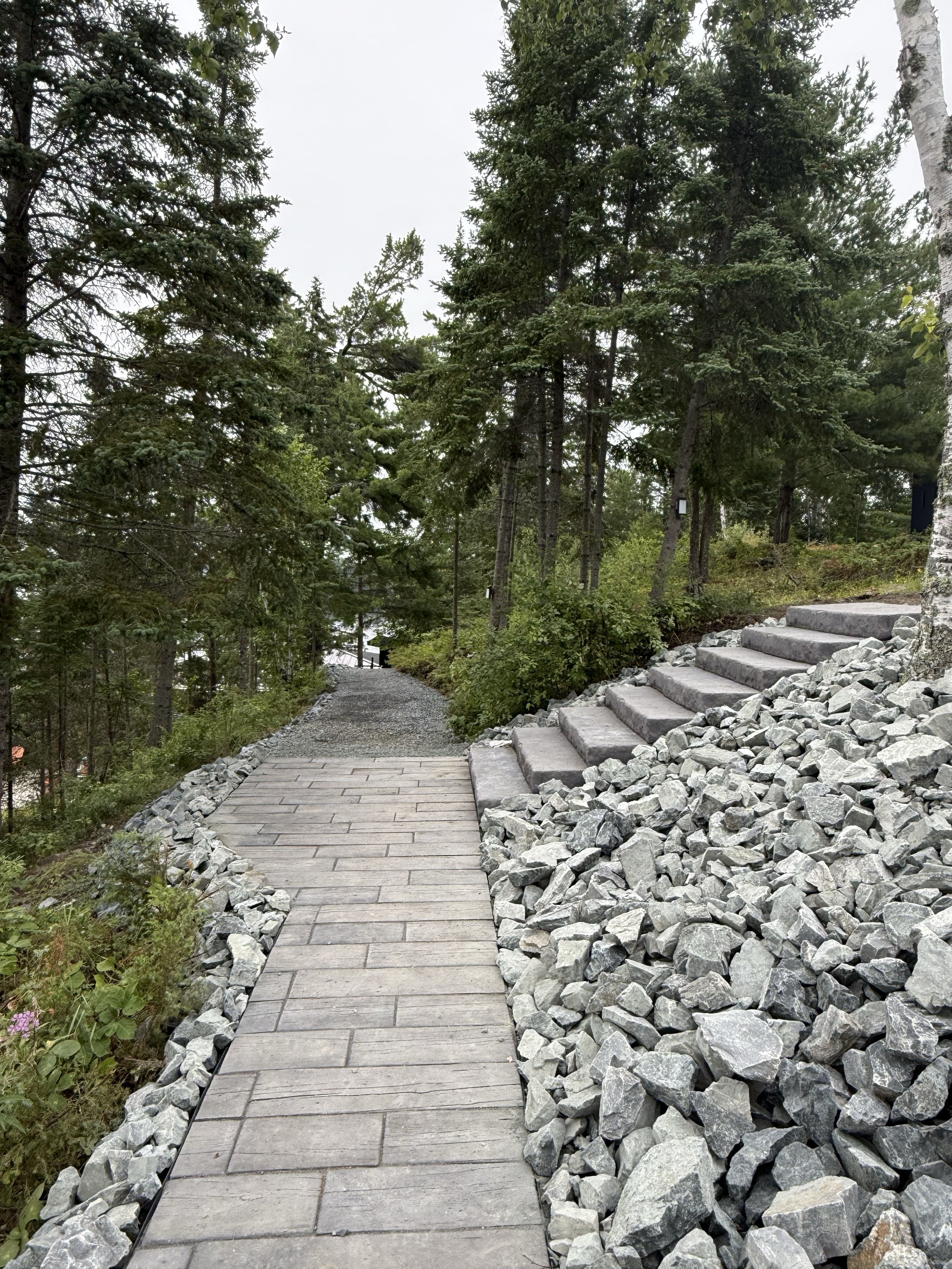 A paved walkway with stone steps on the right, surrounded by rocks and trees in a forested area.