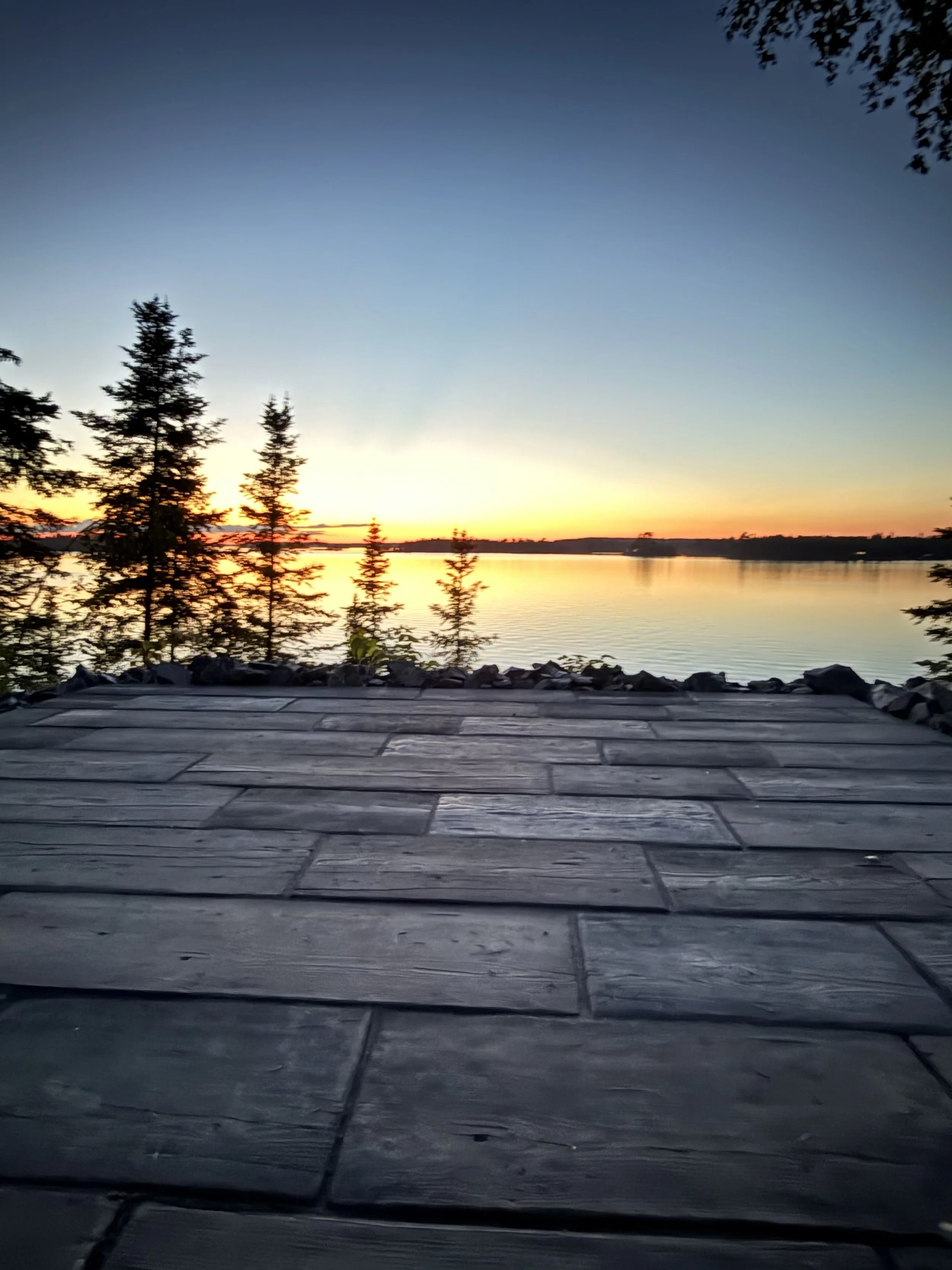 View of a sunset over a lake, with silhouetted pine trees and a wooden dock in the foreground.