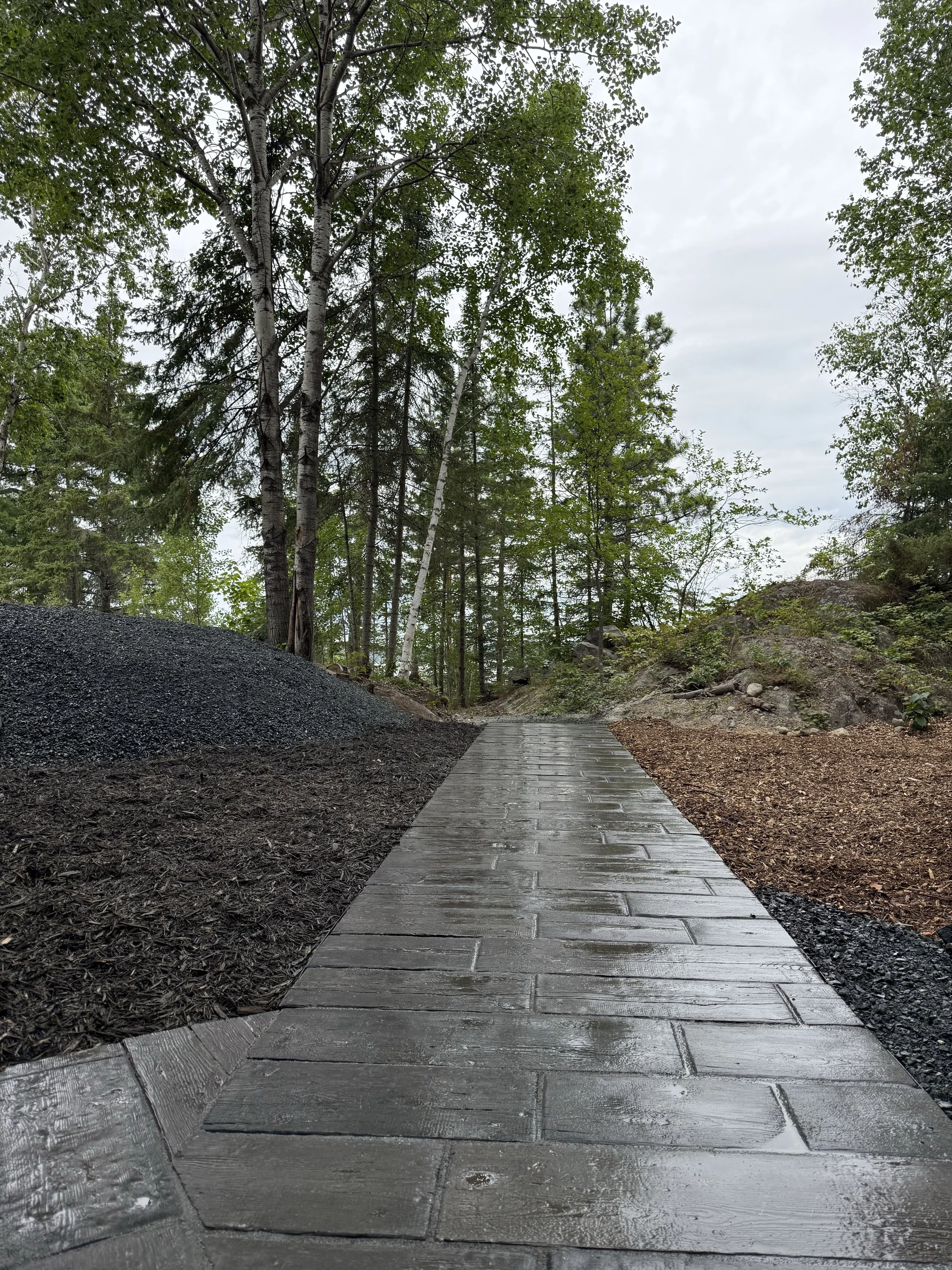 Wet wooden pathway through a lush green forest under an overcast sky.