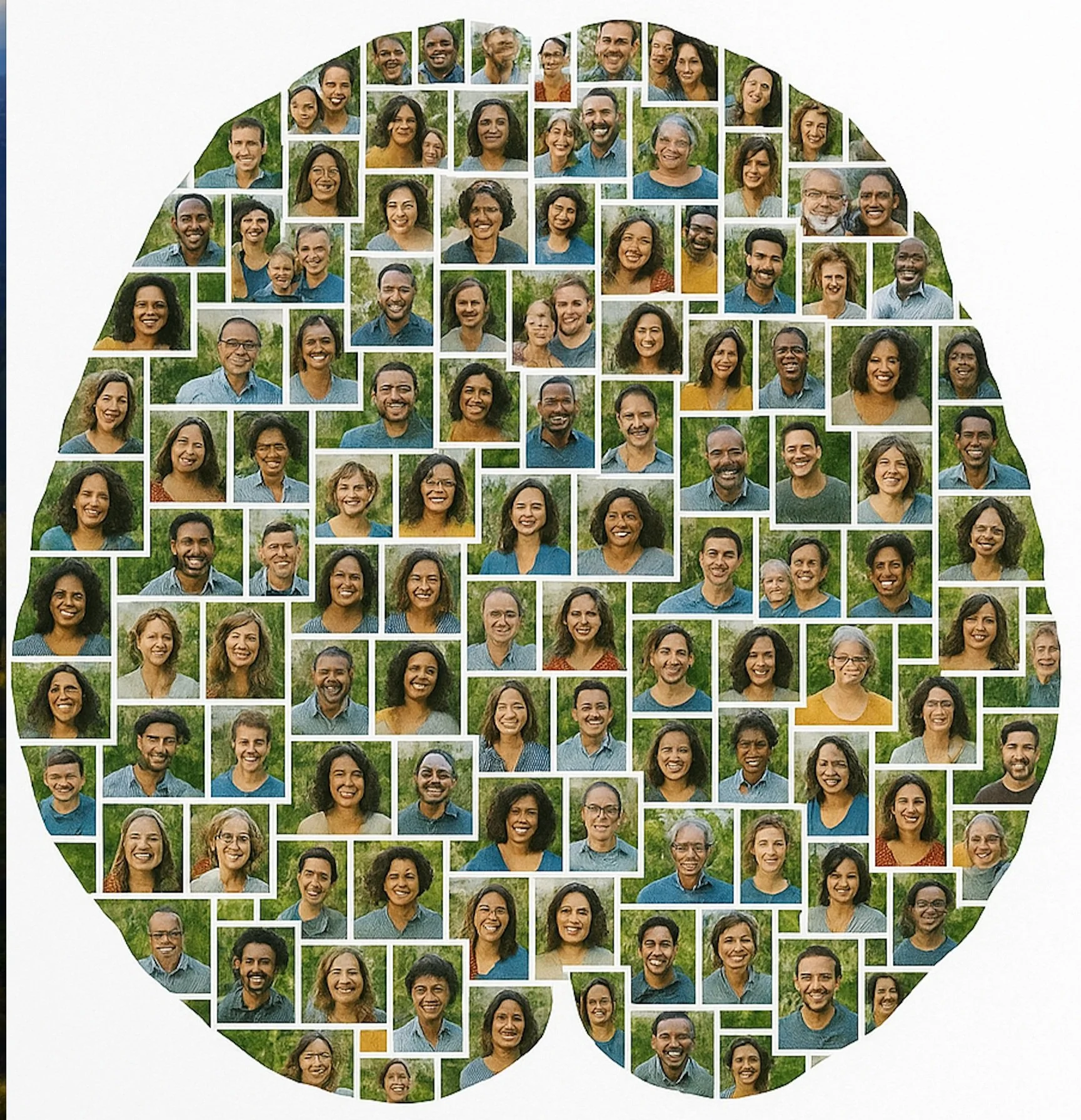 Collage of diverse individuals' portraits arranged in the shape of a globe, symbolizing global unity and diversity.