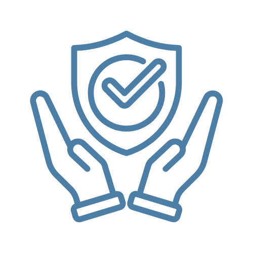 Two hands holding up a shield with check mark representing reliability.