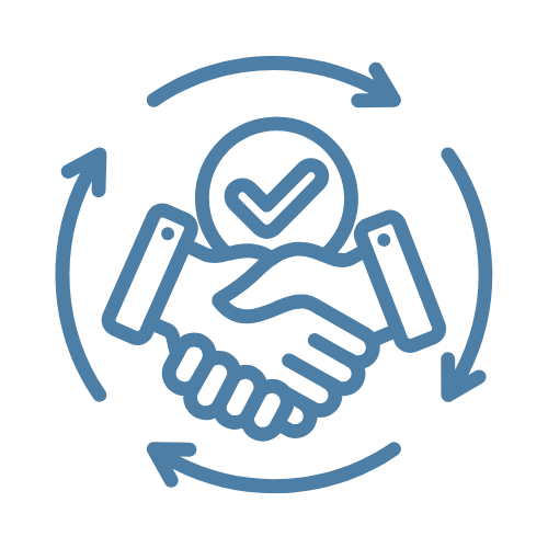 An icon of two hands handshaking with arrows forming a circle around them and check mark