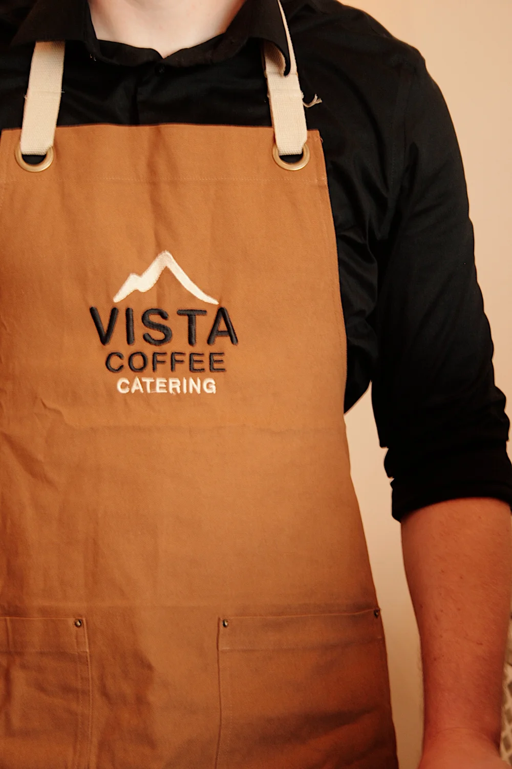 Vista Coffee Catering branded barista apron Philadelphia mobile espresso bar