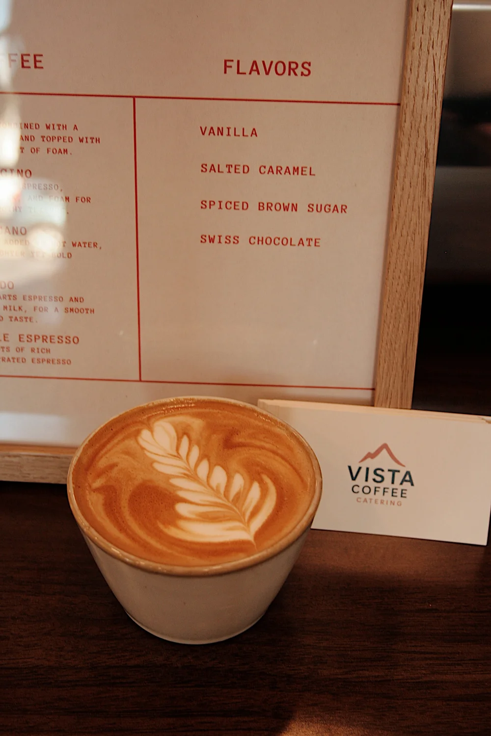 Latte art on a handcrafted espresso drink by Vista Coffee Catering