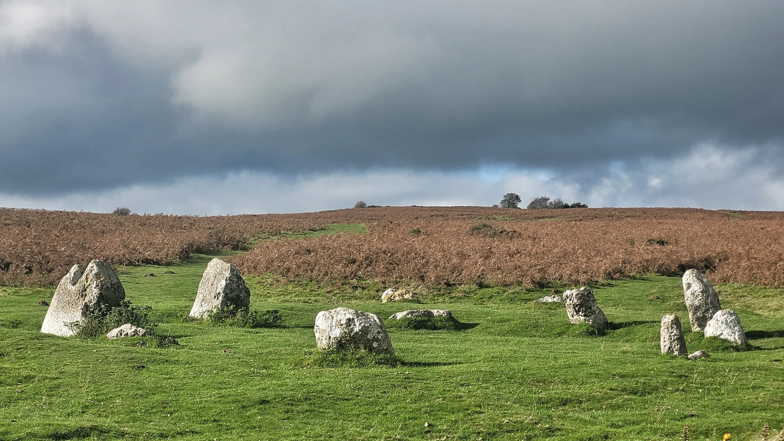 A grassy field with large standing stones, rolling hills in the background, and a cloudy sky.