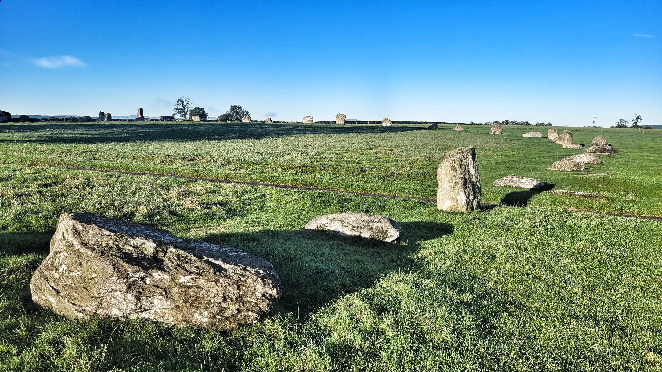 A grassy field with scattered large rocks and stones, a low stone wall in the distance, under a clear blue sky.