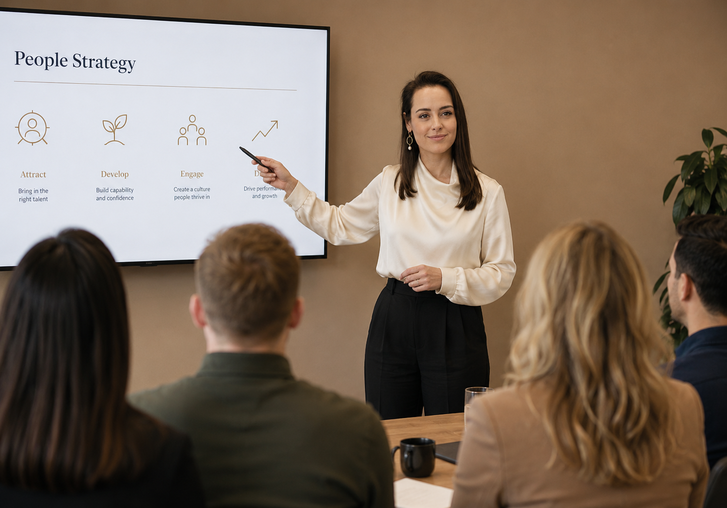 Katherine Hawkins Jones facilitating a people strategy workshop, presenting leadership and organisational development insights to a group of professionals.
