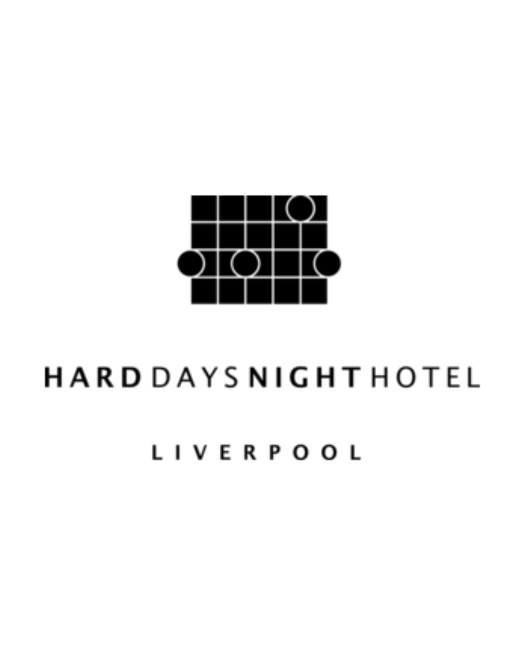 Logo for Hard Days Night Hotel in Liverpool, featuring a black and white design with a grid of squares and circles.
