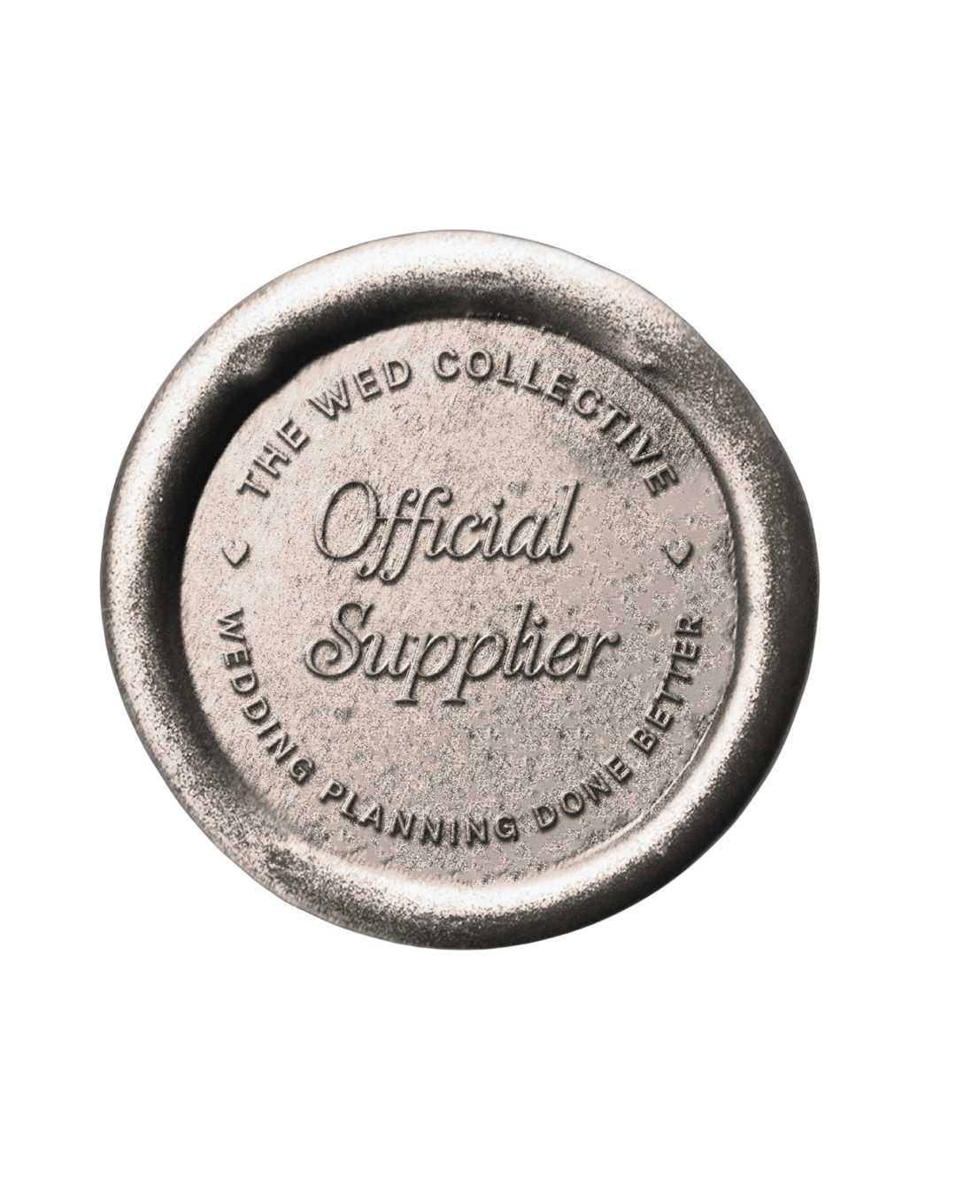 A round metallic badge reading 'Official Supplier' with the inscription 'The Wed Collective' and 'Wedding Planning Done Better'.