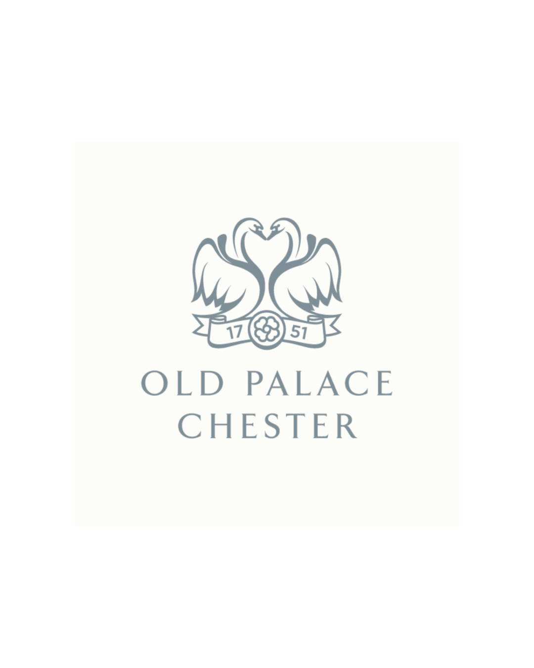 Logo for Old Palace Chester featuring two stylized swans with necks forming a heart, a floral emblem, and the year 1751, with the text "Old Palace Chester" below.