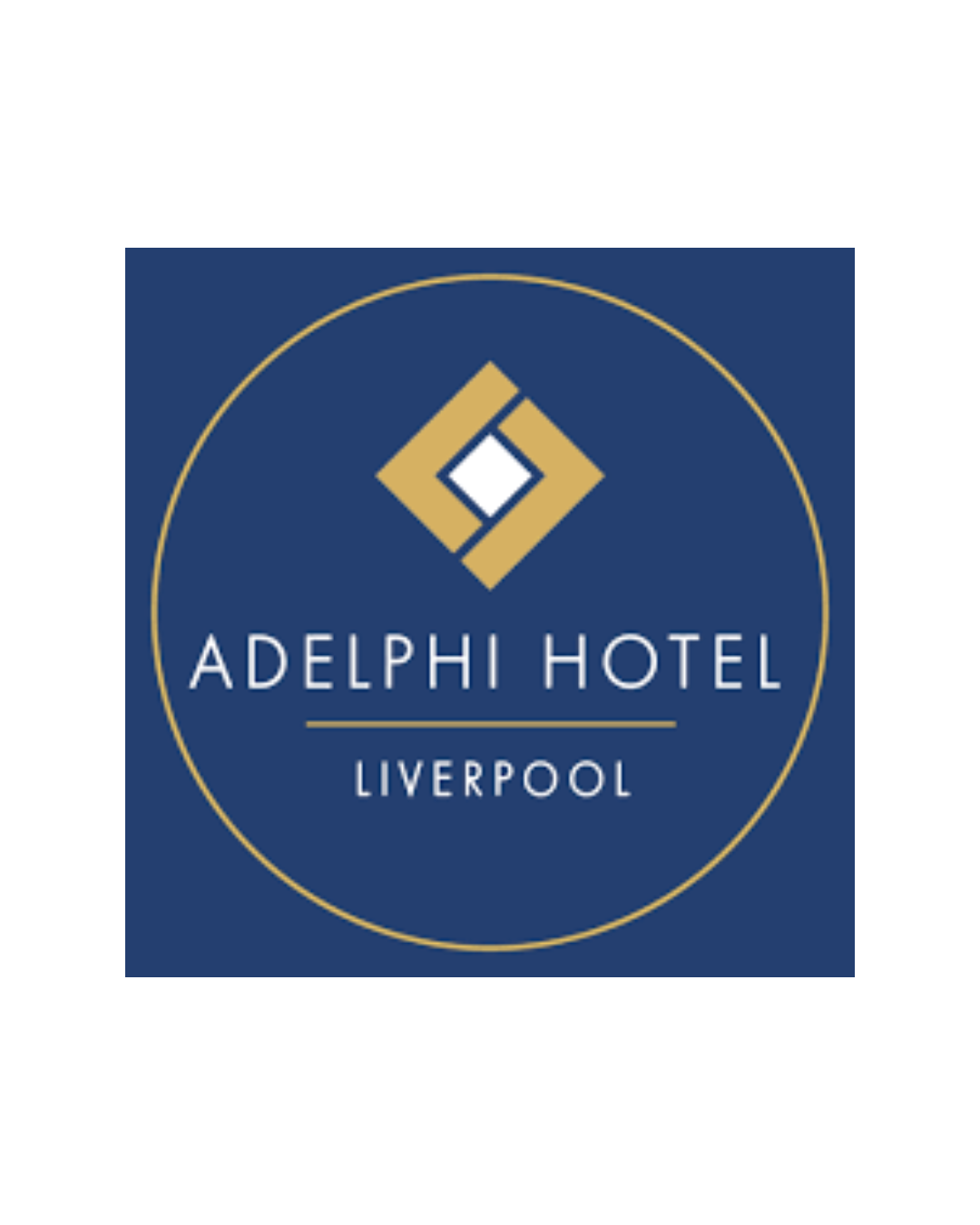 Logo of Adelphi Hotel Liverpool with gold and navy blue colors, featuring a geometric diamond shape and the text 'Adelphi Hotel Liverpool'.