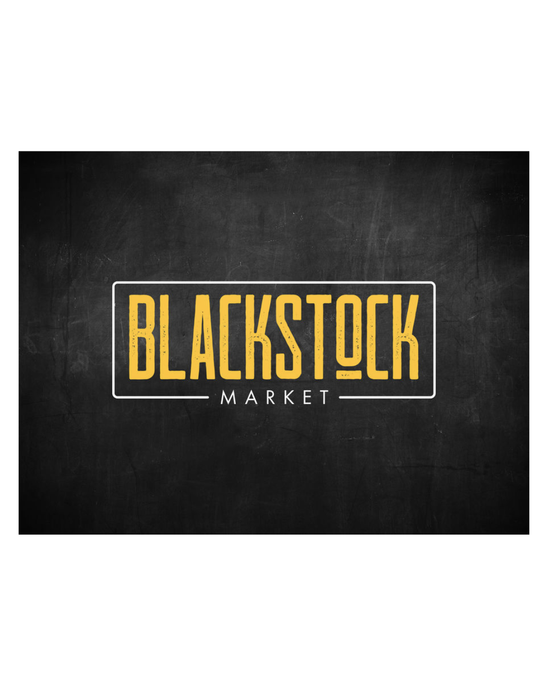 Logo for Blackstock Market with yellow text on a blackboard background.