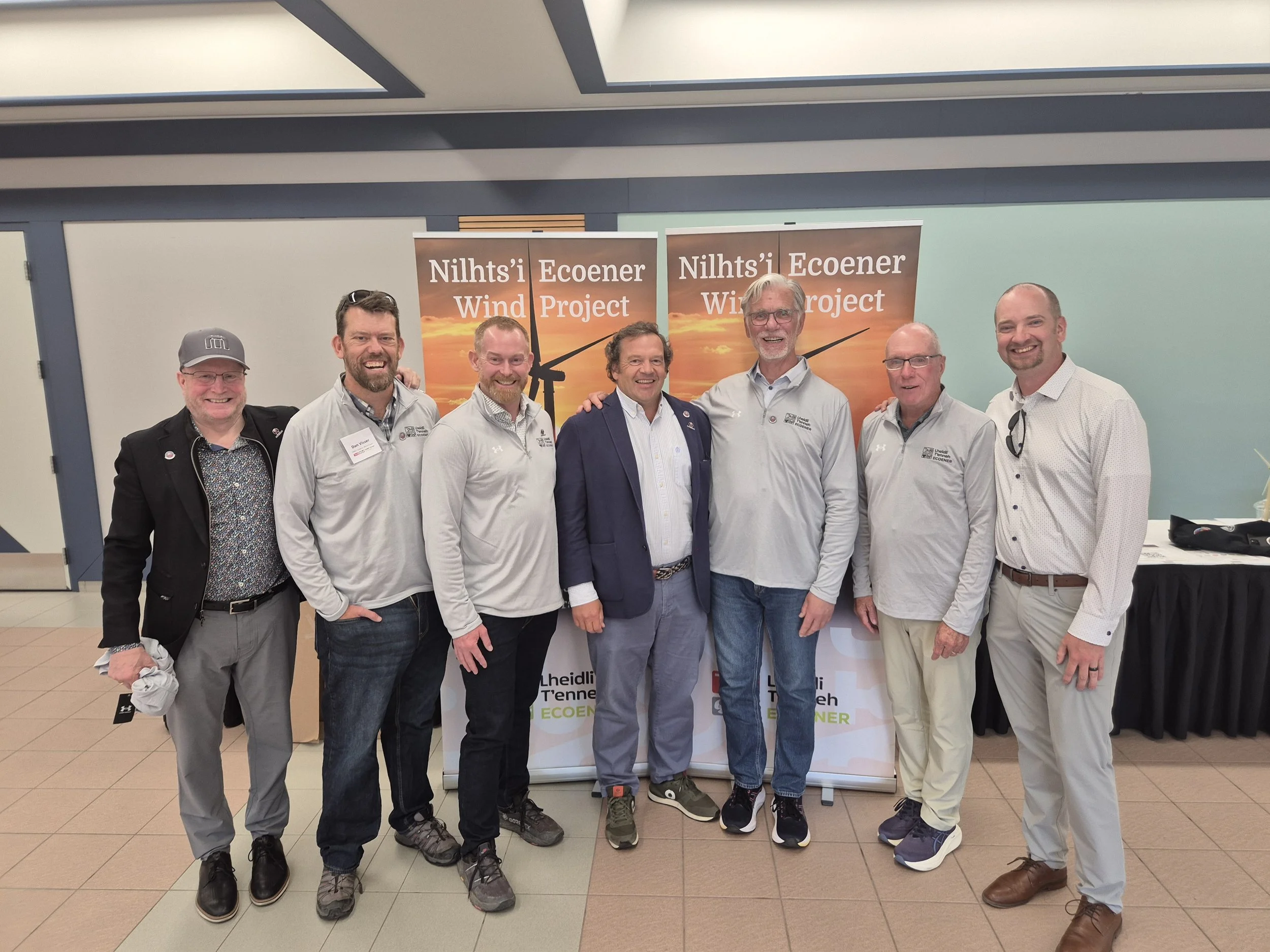 And image of the Nilhts'i Ecoener Wind Project Team at the Lheidli T'enneh First Nation (LTFN) AGM. LTFN is a joint owner in a wind project with Ecoener, a multinational renewable energy company.