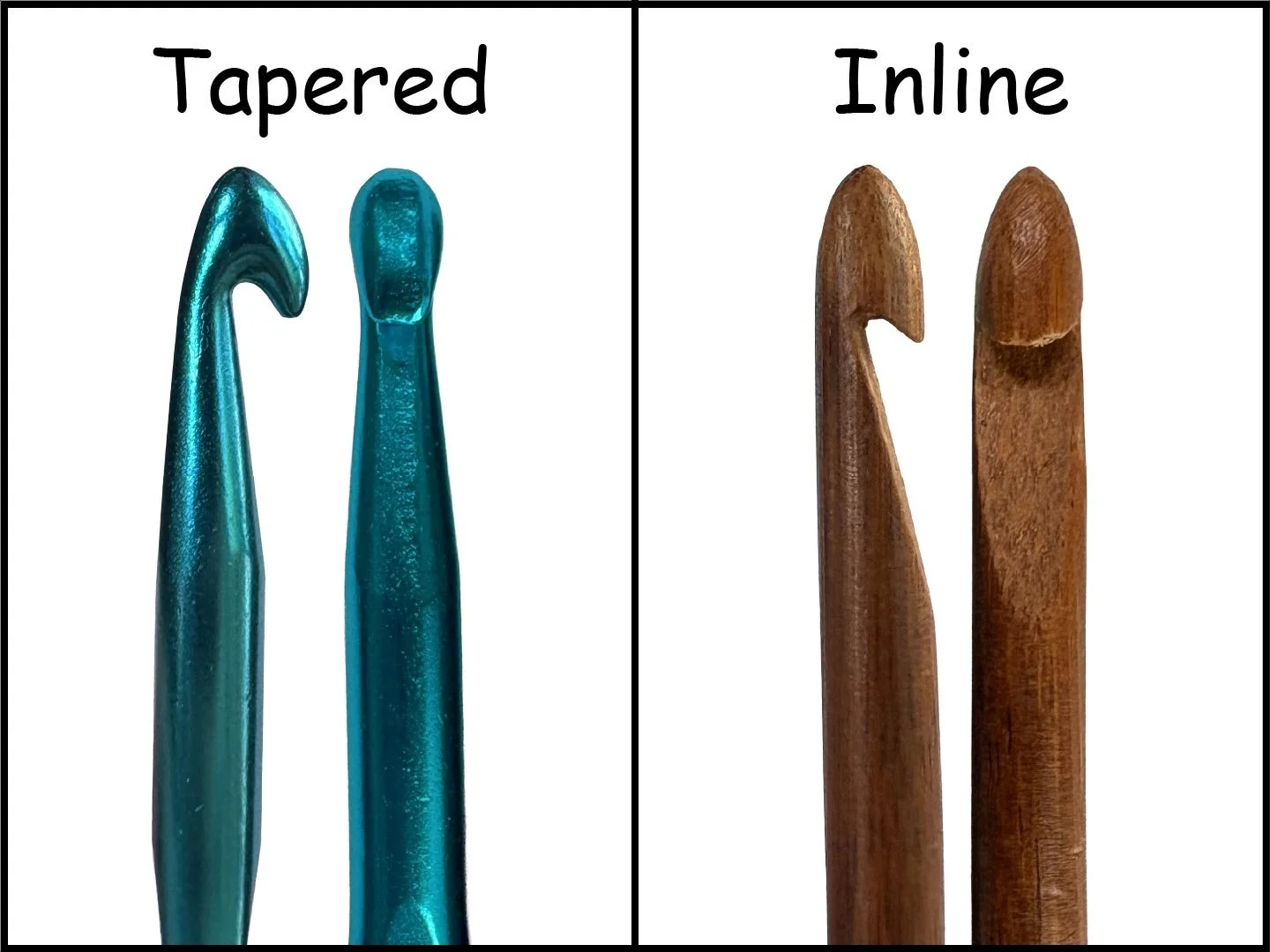 Comparison of two crochet hooks, one tapered and one inline, side by side.