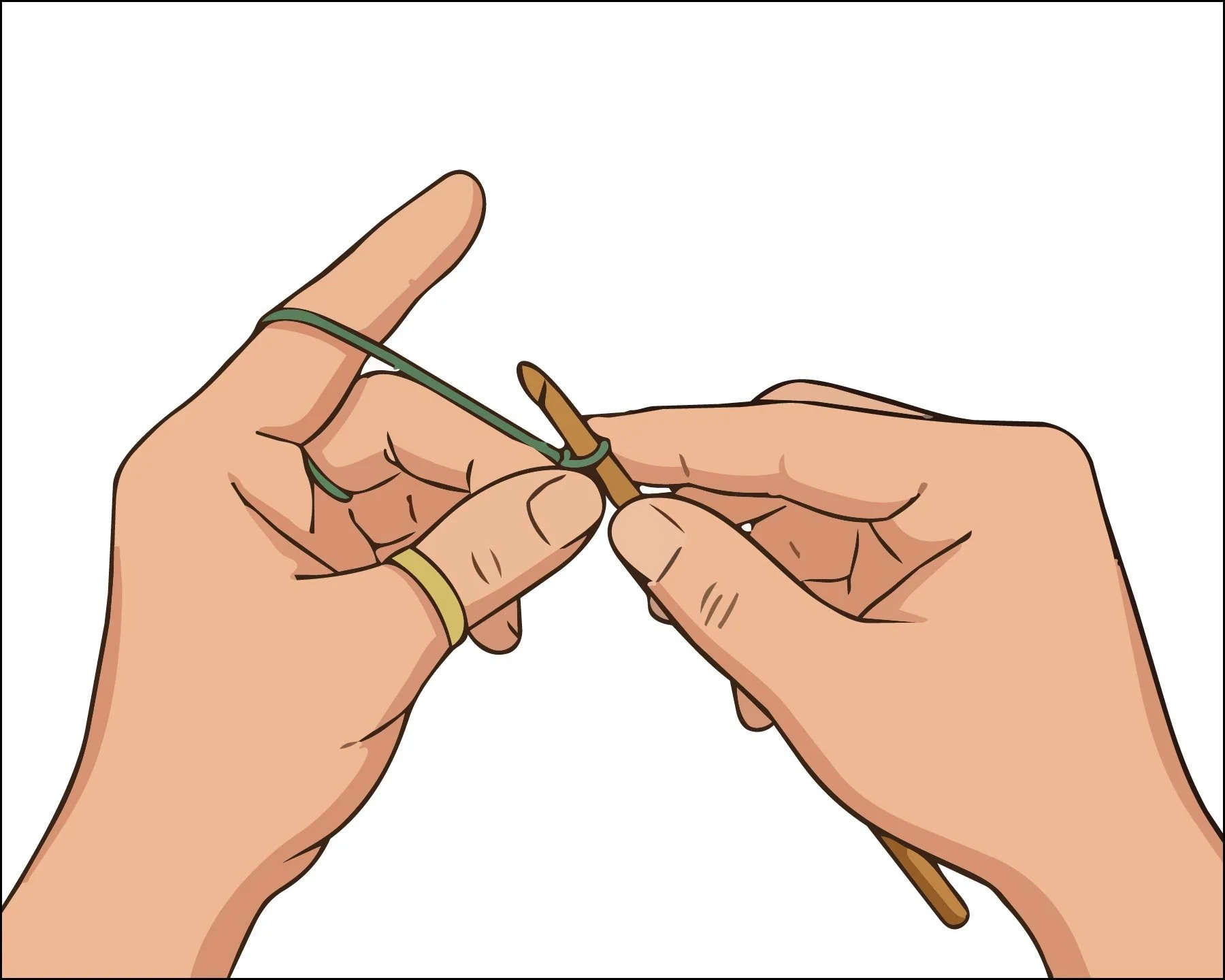 Two hands showing how to hold a crochet hook and yarn.
