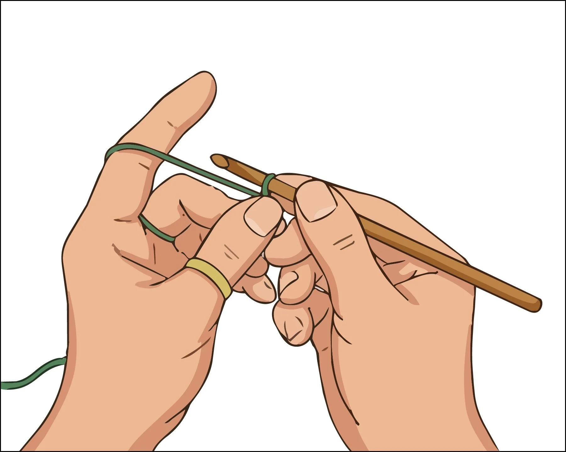 Two hands showing how to hold a crochet hook and yarn.