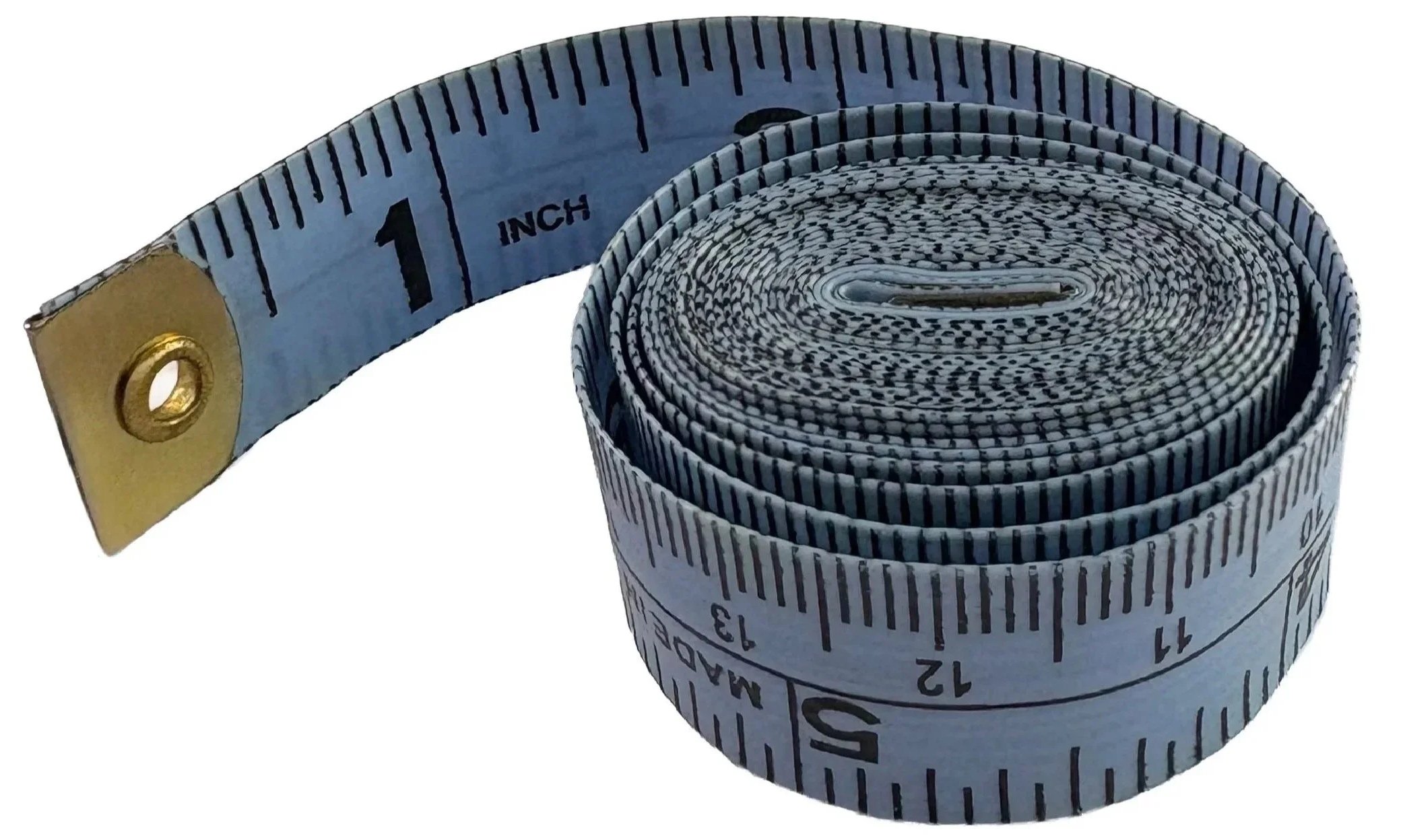 A flexible measuring tape coiled into a spiral, showing inch markings and a metal end, used for measuring length or circumference.
