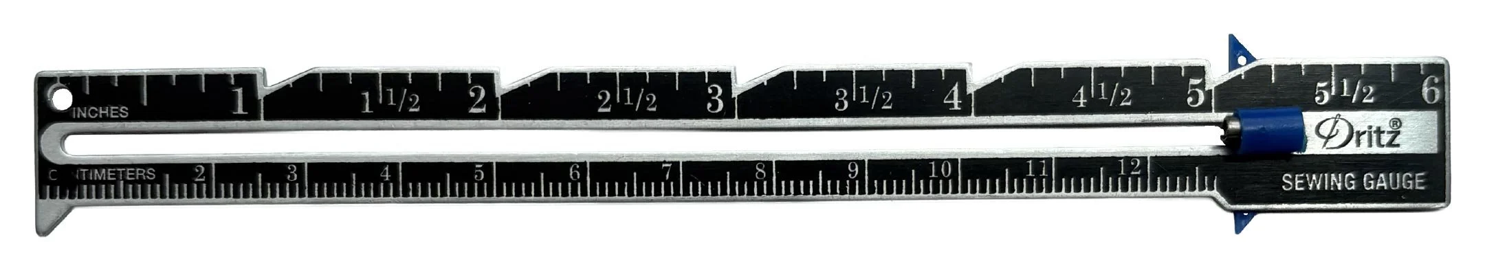 A seam gauge ruler with measurements in inches and centimeters, featuring a sliding blue marker and a black and silver metal body.
