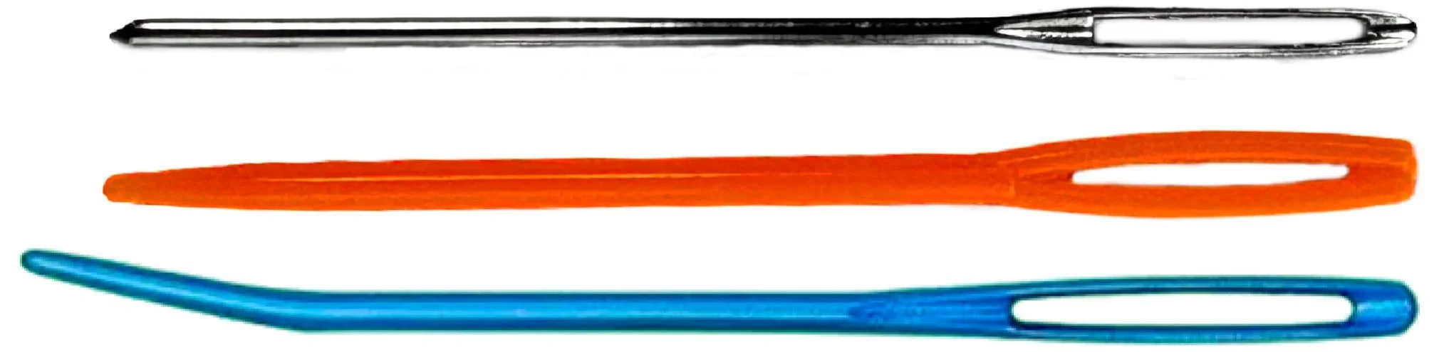 Three thread or tapestry needles, one metal and two plastic, orange and blue, placed horizontally on a white background.