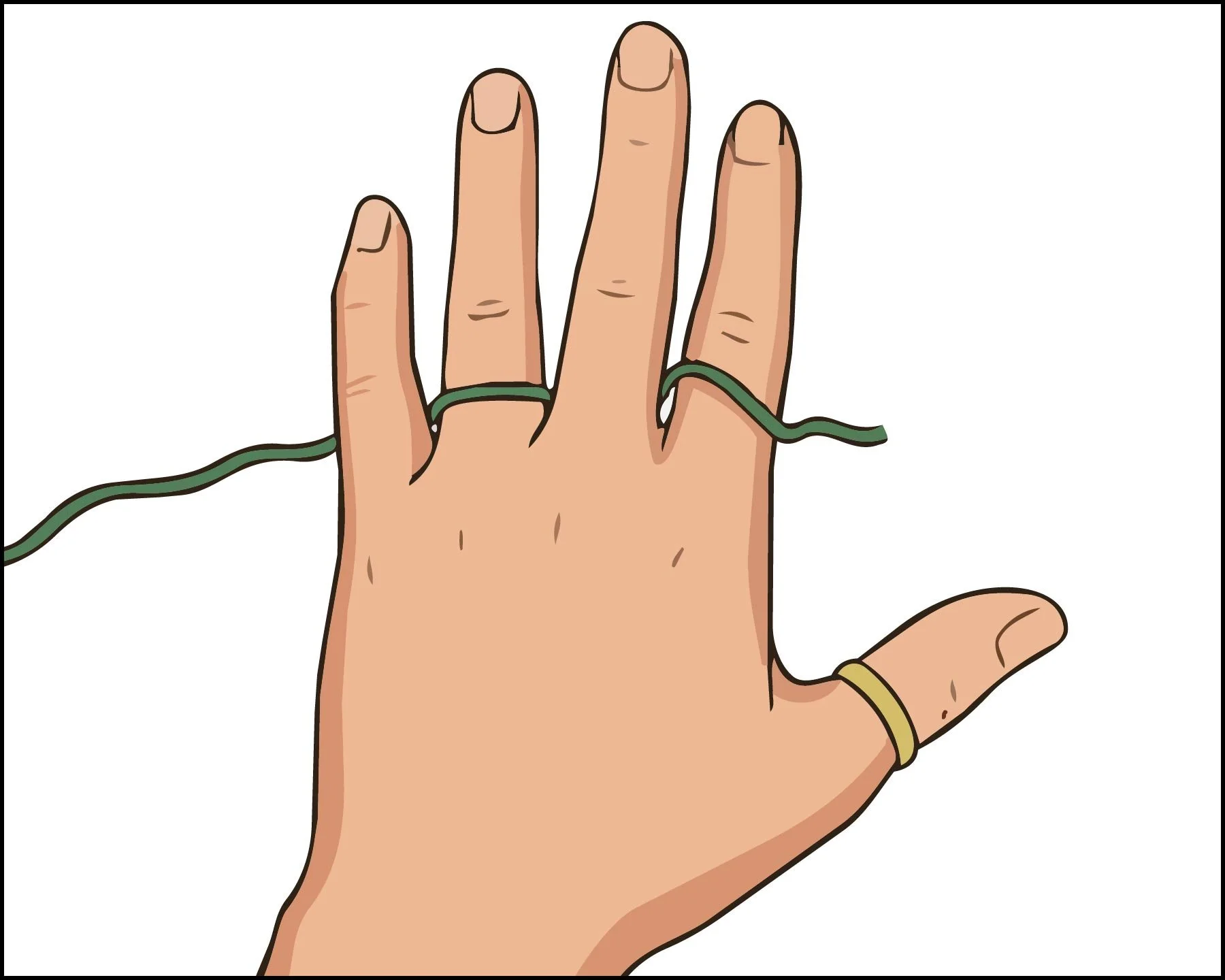 A hand showing how to weave yarn around fingers for crochet, wearing rings on the index and middle fingers, holding a green thread.