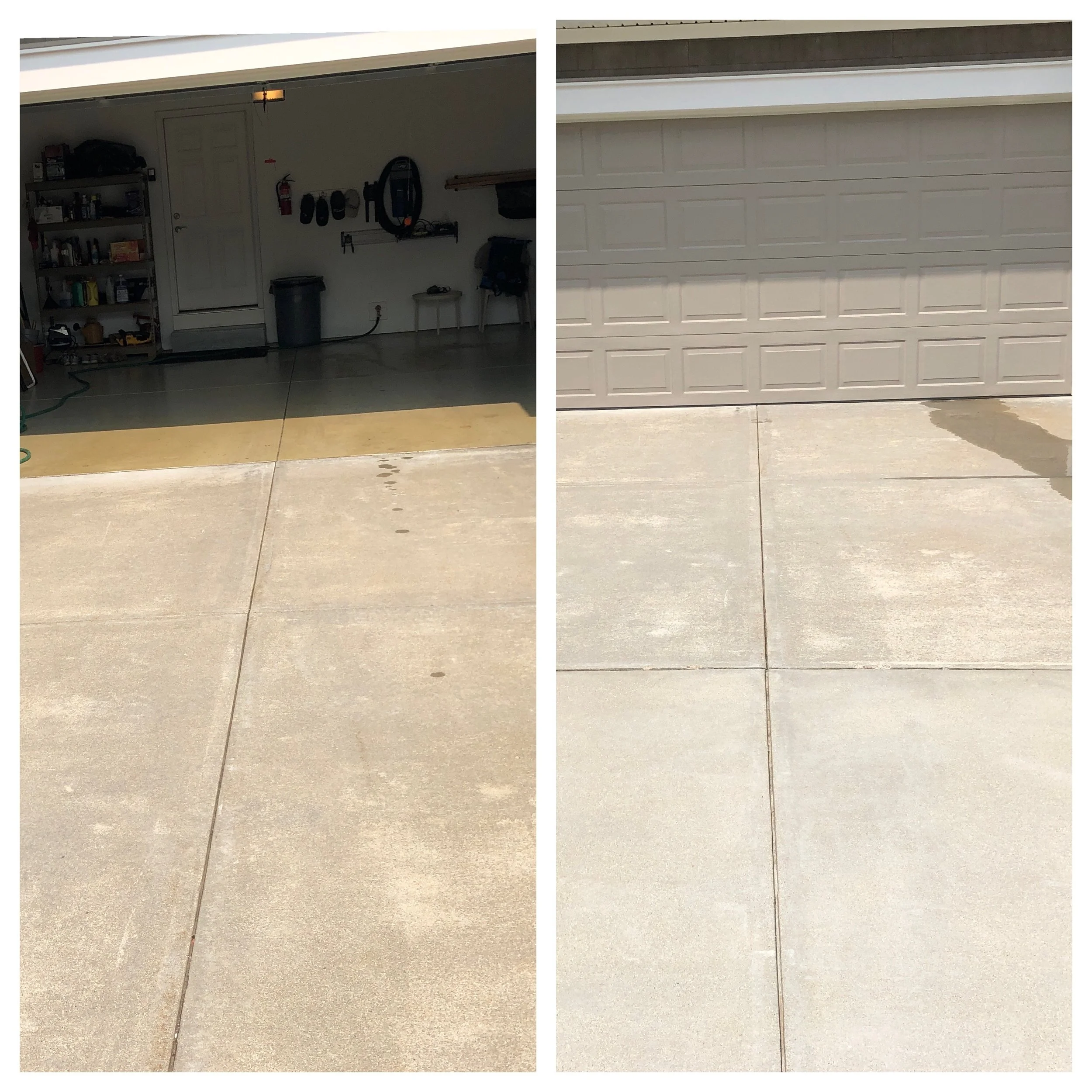 Side-by-side images of garage doors, with the left showing an open garage with tools and equipment inside, and the right showing a closed white garage door.