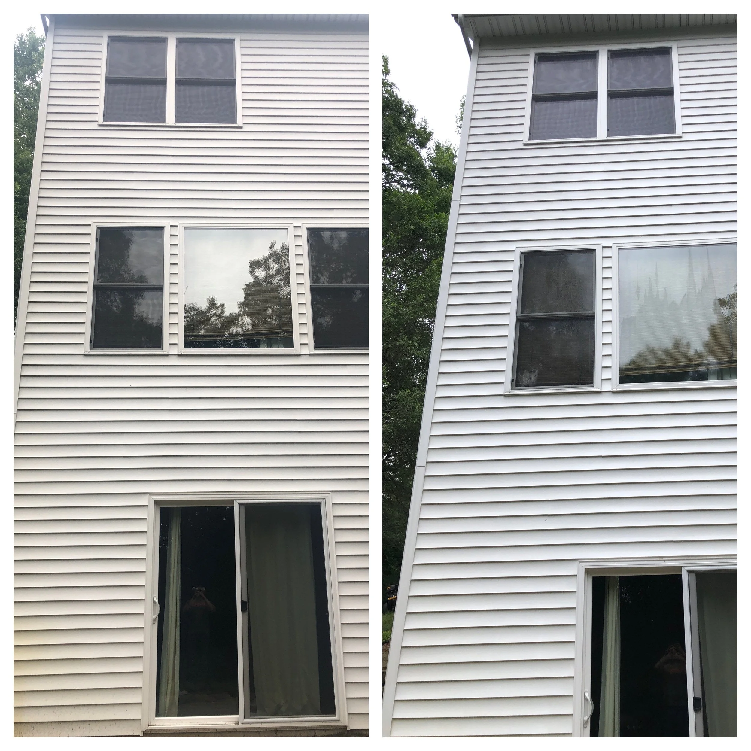 Side-by-side comparison of a white house exterior with vinyl siding and a large sliding glass door, one with clear glass and the other with a reflection of the sky and trees.