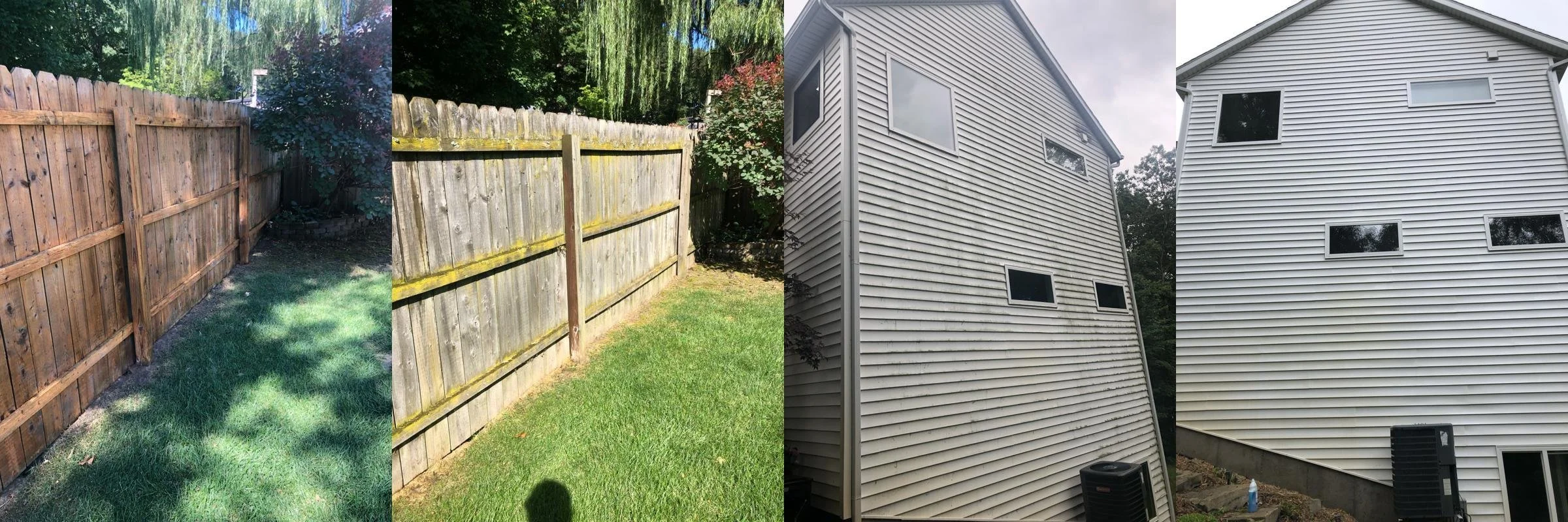 Comparison of fences and house exterior: on the left, wooden fences in varying conditions with grass background; on the right, white siding house with multiple windows and a yard with HVAC units.