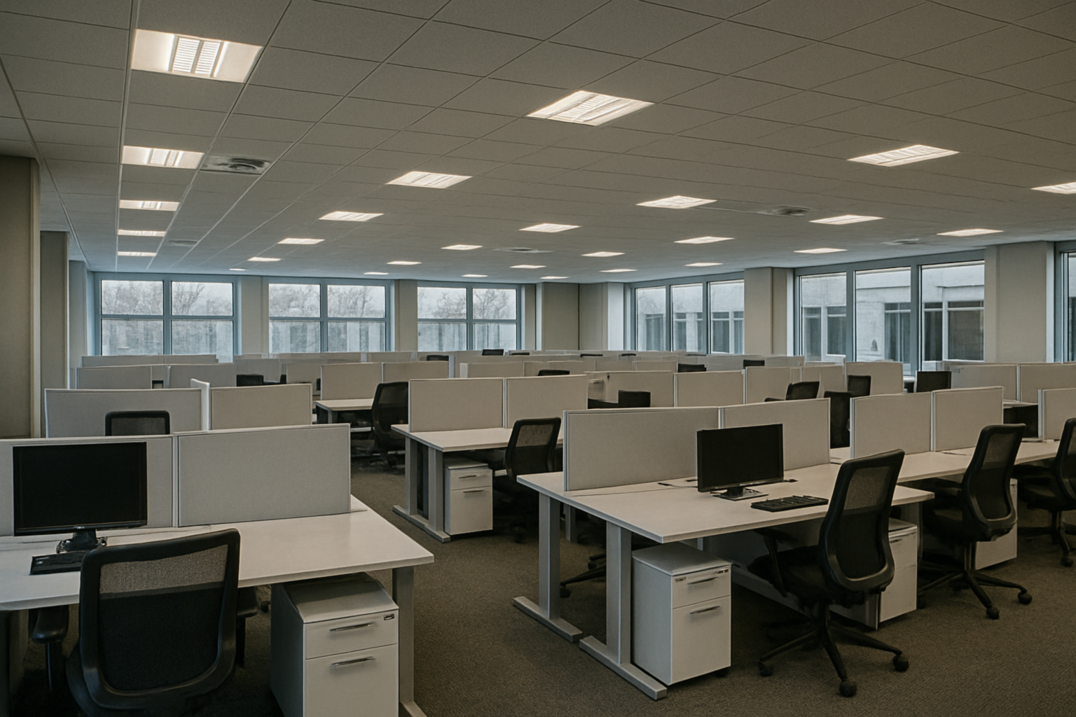 Empty office with multiple desks and computer monitors, large windows, and ceiling lights.