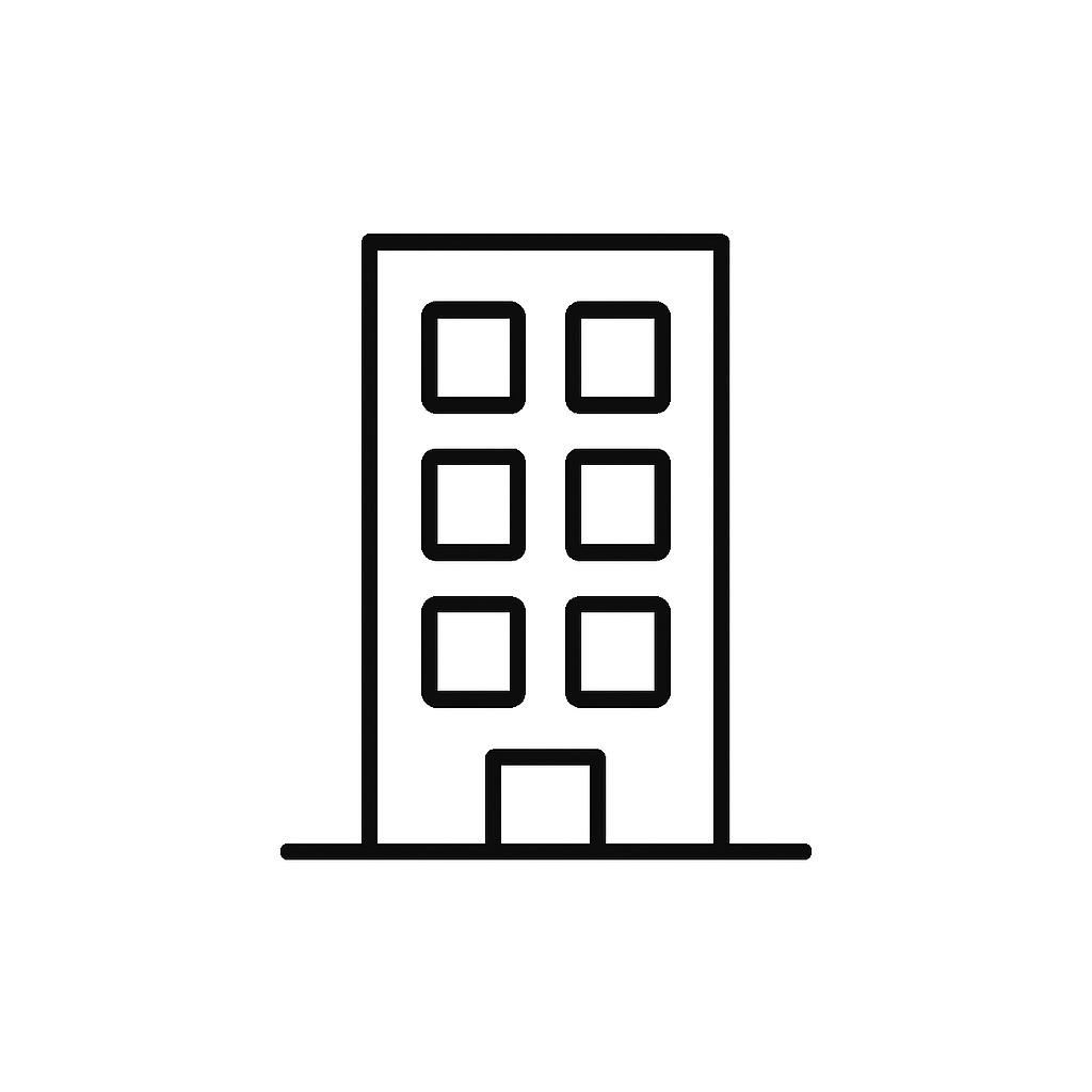 Simple black and white outline of a multi-story building with six windows and one door.