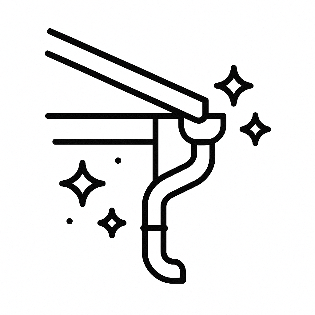Outline illustration of a clean, shiny gutter with sparkling stars around it, indicating it has been cleaned.
