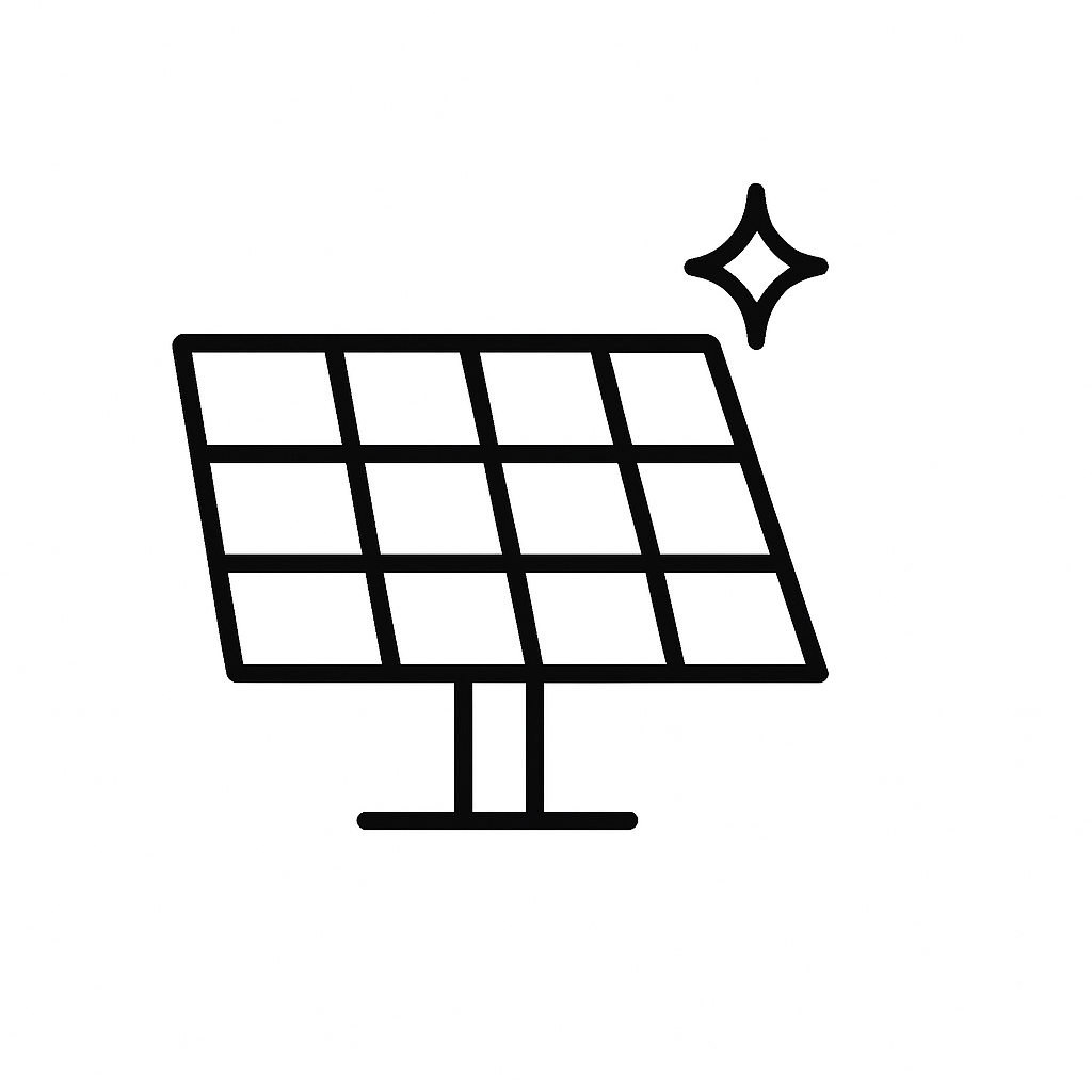 Line drawing of a solar panel with a sparkle icon next to it.