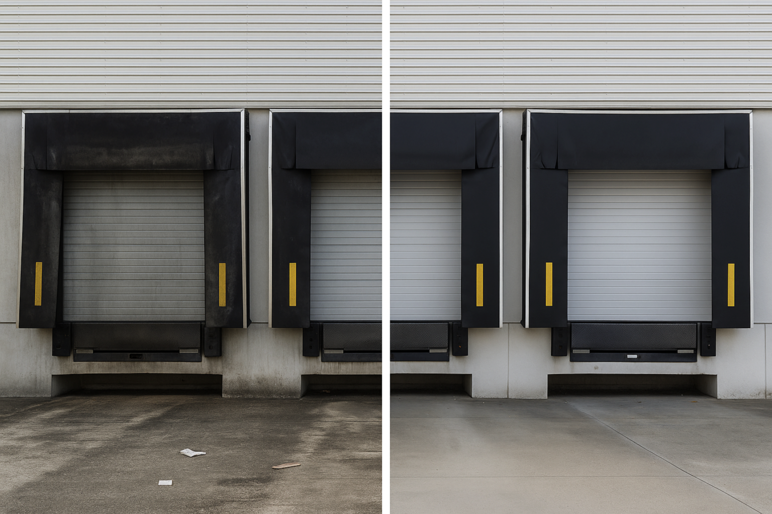 Comparison of three loading dock doors; one dirty and weathered on the left, clean and new on the right.